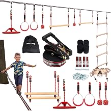 Merrvey Ninja Warrior Obstacle Course for Kids 50FT American Slackline Accessories Climbing Ladder Ninja Wheel Monkey Bars Fists Gym Rings Outdoor Playset Backyard Obstacle Line Equipment