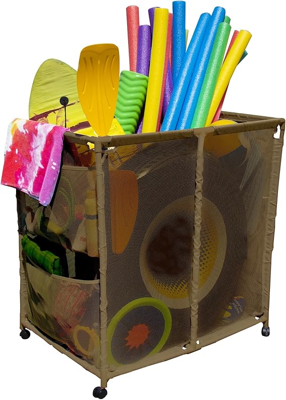 Pool Floats, Balls, Toys and Equipment Rolling Mesh Organizer Storage Bin, Large, (35" W x 25.4" L x 37.5" H), (Brown), Style 455102