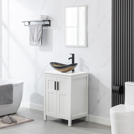 eclife 24" Bathroom Vanity with Sink Combo, Modern Freestanding Cabinet with Soft Closing Grooved Doors, Vessel Sink Top, Faucet & Pop Up Drain (Champagne Boat, 24" White)