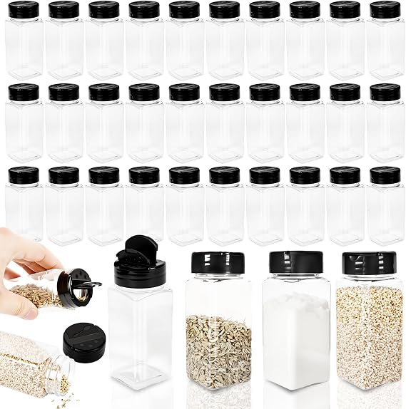 36 Pack 3.5 oz Plastic Spice Jars with Shaker Lids Square Seasoning Containers Clear Empty Storage Spice Bottles for Spice Peppers