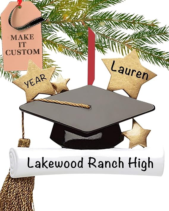 Personalized Graduation Gift, Class of 2027 or 2026 Ornament, Grad Cap | 23h Customized, Laser Engraved Master's Degree Christmas Ornaments, Custom High School or College Graduate Keepsake Gift
