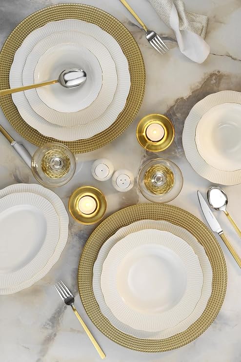Kütahya Porcelain Bone Ilay 58 Pieces Dinner Set for 12 Persons, Gold