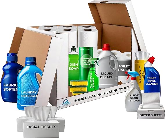 PRIMERIVER Complete Home Cleaning and Laundry Kit 15-Piece Set with Bleach, Detergent, Dish Soap, Sponges, Fabric Softener, Dryer Sheets & More