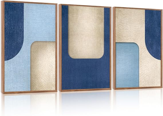 KAIRNE Blue Modern Abstract Canvas Wall Art,Neutral Prints Set of 3(16X24),Simple Design Wall Decor,Boho Minimalist Paintings,Blue and White Geometry Pictures for Living Room Bedroom Office Decor
