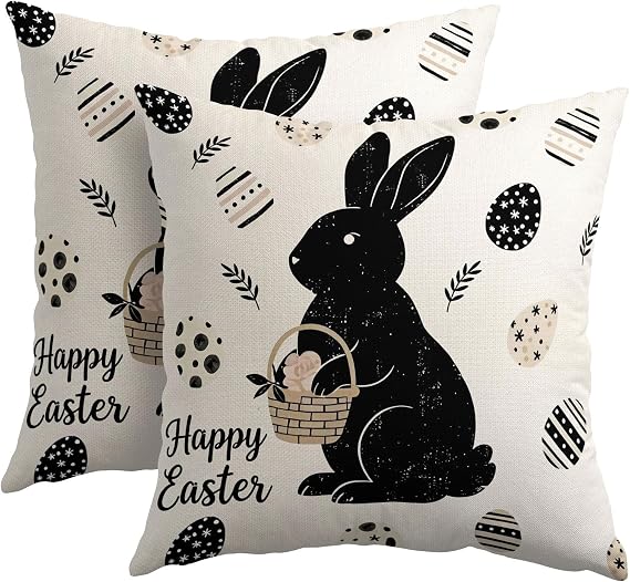 Kawani Happy Easter Bunny Pillow Covers 16X16 Inch Black White Rabbit Eggs Decorative Pillow Cases Set of 2 Holiday Farmhouse Throw Pillows for Sofa Couch Outdoor