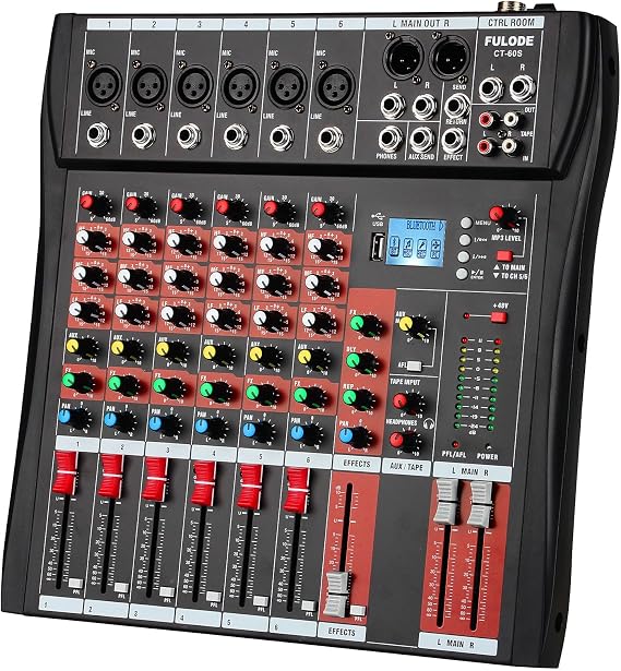 FULUODE 6 Channel Mixer Audio Console, CT-60S Professional Music Mixer DJ Mixing Board with Reverb Bluetooth MP3 Player 48V Phantom Power Supply USB Recording for Studio Karaoke Live Performance