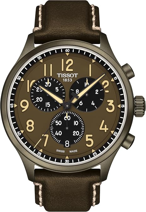 Tissot Mens Tissot Chrono XL 316L Stainless Steel case with Khaki PVD Coating Quartz Watches, Khaki, Leather, 22 (T1166173609200)