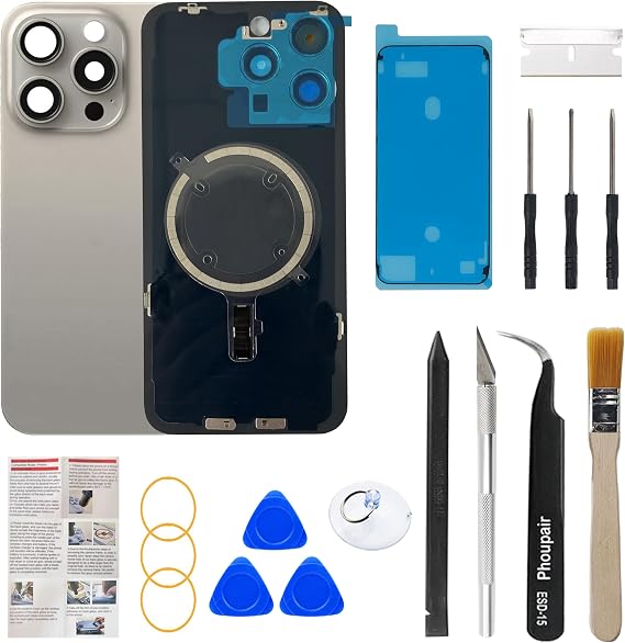 OEM Back Glass Replacement Compatible with iPhone 15 pro 6.1 Inches with Camera Frame and Camera Lens + Professional Repair Tool Kit and Installation Instruction (Natural Titanium)