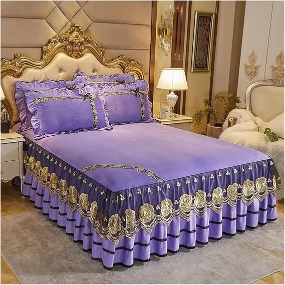 Bed Skirts Bedspread On The Bed Wedding Bed Sheet Lace Bed Cover Blanket Fabric King Queen Size Bed Skirt Velvet with Pillowcases(Purple,3pcs 152x203cm)