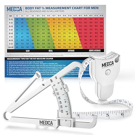 Body Fat Caliper and Measuring Tape for Body - Skinfold Calipers and Body Fat Tape Measure Tool for Accurately Measuring BMI Skin Fold Fitness and Weight-Loss - New Upgraded Design (White)