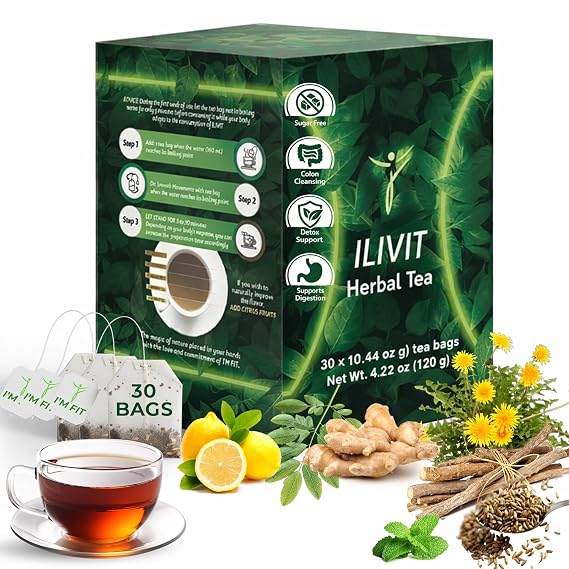 Ilivit Detox Cleanse for Weight Loss, Colon Cleanser Diet Tea, 30 Bags | Herbal Colon Cleanse with 7 Organic Herbs Dandelion, Ginger, Caffeine & Sugar Free; Supports Digestive & Liver Health