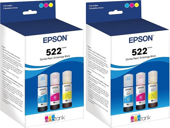 Epson 522 EcoTank Ink Ultra-high Capacity Bottle Color Combo Pack (T522520-S) Works with ET-2720,2800,2803,2840,4700,4800,4810,(Pack of 2)