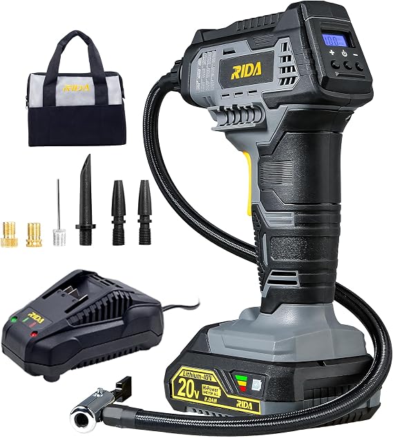 Tire Inflator Portable Air Compressor 20V Rechargeable Battery Powered Handheld 100PSI Tire Inflator with Tire Pressure Gauge 7 Nozzle Adapters 2.0Ah Battery & Charger Air Pump for Ball Car E-Bike