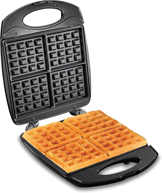 Hamilton Beach Belgian Waffle Maker with PFAS-Free Non-Stick Grids | Makes 4 Waffles, Hashbrowns or Keto Chaffles at Once | Compact Design for Easy Storage | Black & Stainless Steel | 26020MN