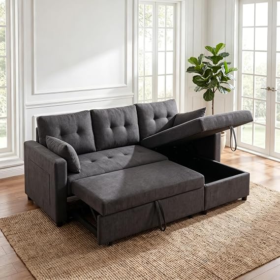 L Shape Queen 3-Seat Pull Out Sleeper Sofa Bed with Storage, Black | Convertible Sofa Bed, L Shape Sleeper Sofa wit, Reversible Storage Chaise, Tufted Fabric,Sectional Sleeper Sofa