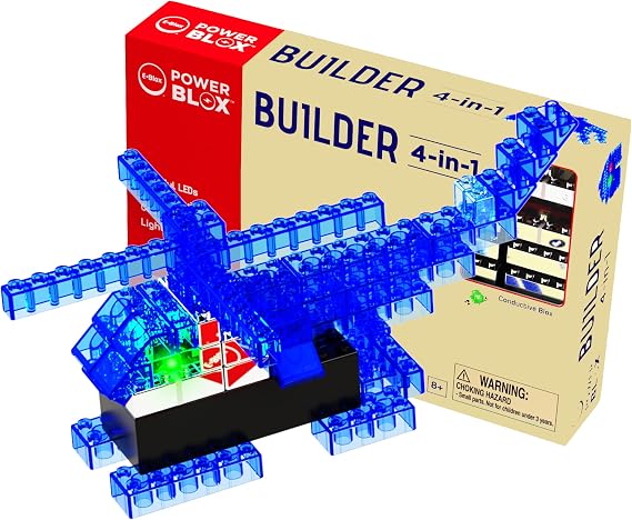 E-Blox 4-in-1 Power Blox Builder STEM Kit 46 Pieces, Colorful LED Light Up Building Blocks Toy Set, Build 4 3D Structures, Great Science Project for Kids, Birthday Gift, Boys, Girls, 8