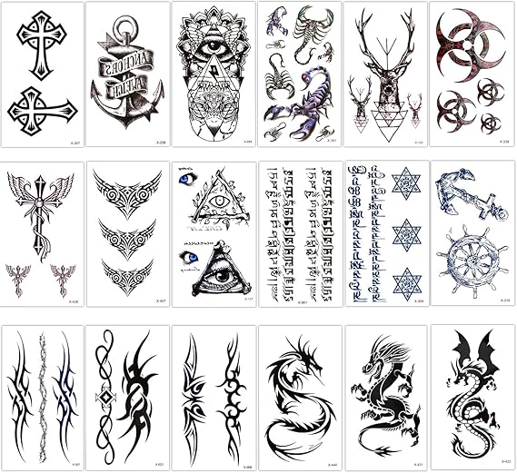 Konsait Temporary Tattoos for Adult Men Women Kids(18 Sheets), Waterproof Temporary Tattoo Fake Tattoos Body Art Sticker Cover Up Set,Dragon Anchor Eye Scorpion Graphic Elk
