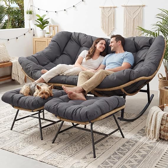 NICESOUL Oversized Double Rocking Papasan Chair with Cushion, 2 Person Big Wicker Outdoor Comfy Recliner, Large Heavy Duty 700 lbs Loveseat for Patio, Balcony, Backyard (Grey, 2 Seats w/Ottoman)