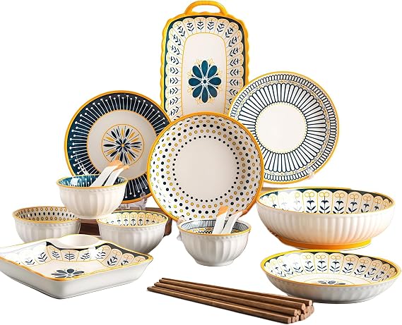 Top Porcelain China Dinnerware Set, Stoneware&Ceramic Dinnerware Sets,Ceramic Cookware Tableware Set Includes Dinner China Plates|Chinese Spoons|Pasta Bowls|Soup Pot|Chopsticks (25PCS * 4-person Set)