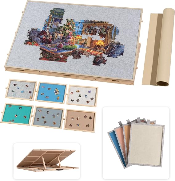 Lavievert 1500 Piece Tilting Puzzle Board with 6 Drawers & 4 Felt Trays | Built-in Stand with 4 Tilt Angles, Adjustable Wooden Plateau with Cover, Portable Jigsaw Table with Handle & Non-Slip Surface