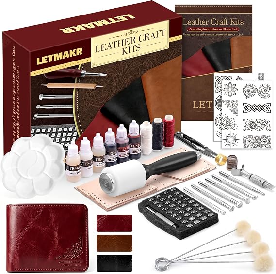 Leather Wallet Making Kit, Leather Working Kit with Cowhide, Dyes & Tools