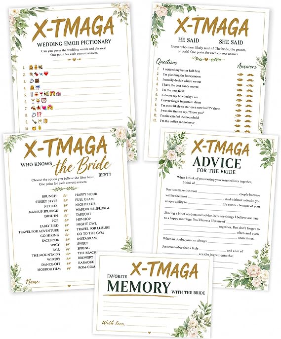 X-TMAGA Game Cards Bridal Shower Games (Set of 5 Activities for 50 Guests)