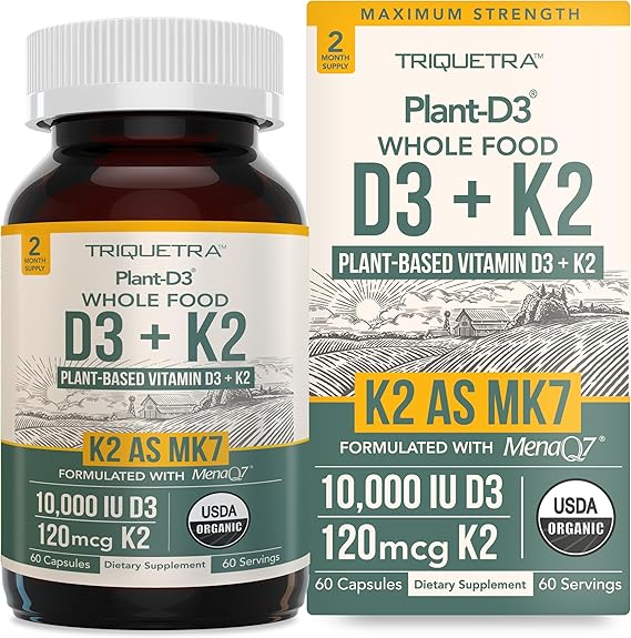 Organic Plant D3 + K2 | 10000 IU D3 + 120 mcg K2 as All-Trans MK7 from MenaQ7 - 100% Whole Food, Raw & Vegan | Enhanced Digestion with Prebiotic & Superfood Complex D3 from Organic Algae (60 Count)