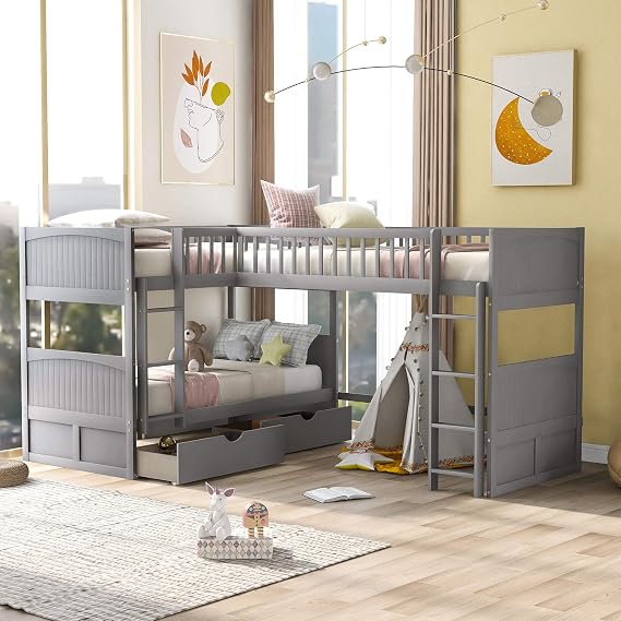 Twin Over Twin Bunk Bed with Drawers, Wood L-Shaped Loft Bed Twin Size Bunk Bed Frame, No Box Spring Needed (Grey, Twin+Twin with Drawers)