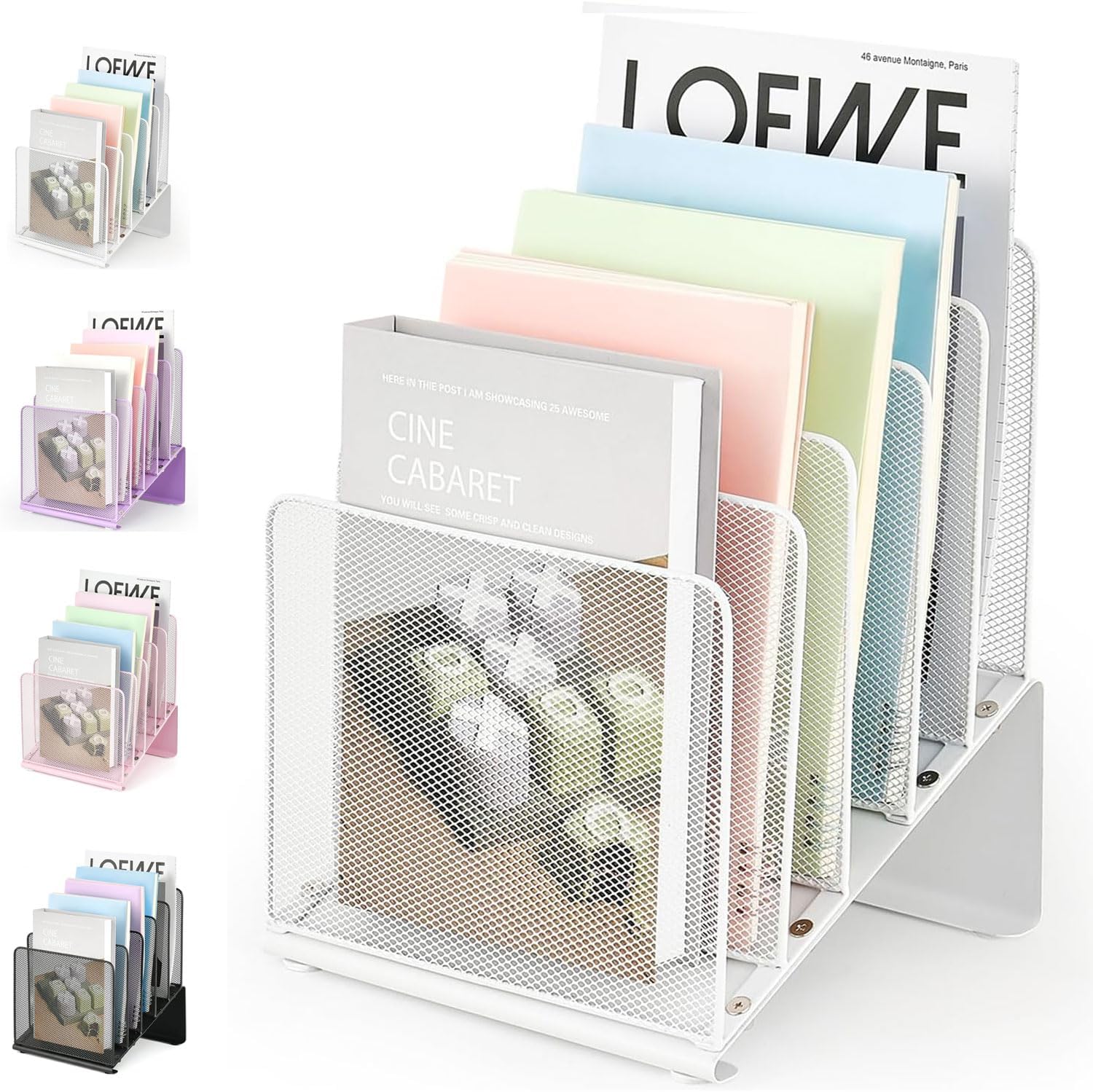 LEKETREE Desk File Organizer 5 Sections Vertical File Folder Holder Stand Metal Rack File Sorter for Office Classroom Desktop Organization White