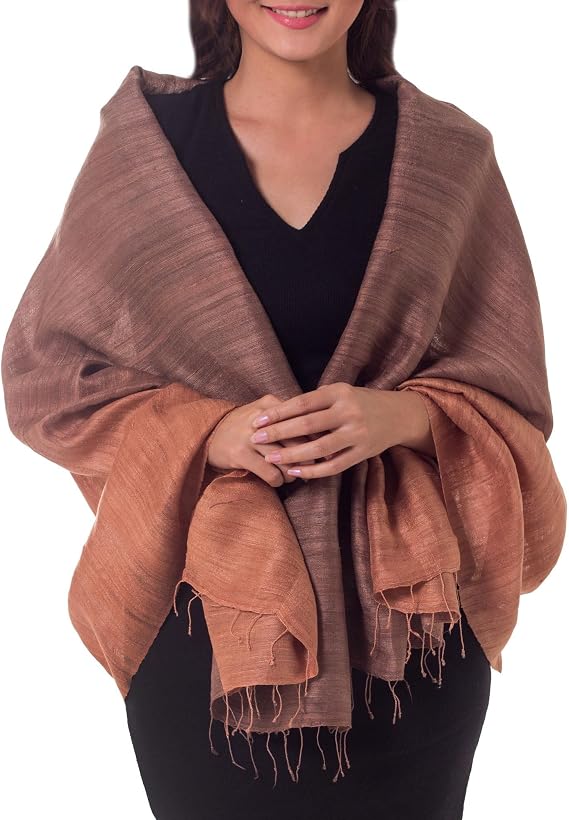 NOVICA Artisan Handcrafted Silk Shawl Thai Patterned Accessories Shawls Brown Cognac Thailand ' Bold Spice'