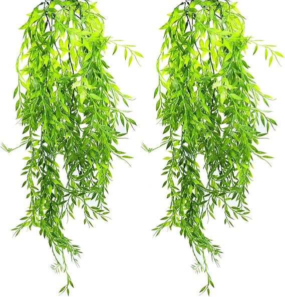 2 Pack Artificial Hanging Plants, Plastic Fake Ferns Ivy Artificial Trailing Plants, Fake Vine Hanging Basket, Faux Plant with Willow Leaves for Indoor Outdoor, Garden, Bedroom, Wall Decoration