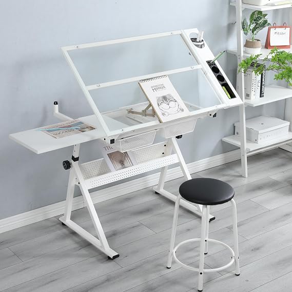 Drafting Table with Adjustable Tabletop and Stool, Multifunctional Art Craft Drawing Desk with Tilting Glass Tabletop, Study Metal Workstation with Storage for Home Office, White