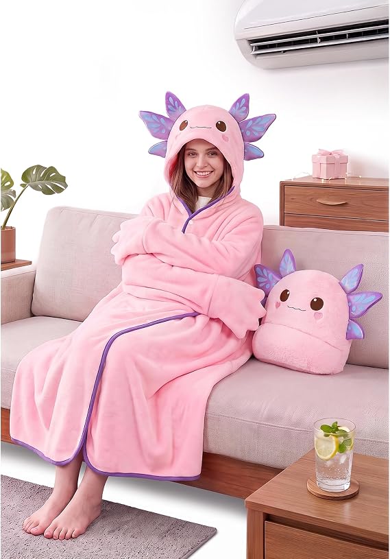 Mewaii Axolotl Gifts, Wearable Blanket Hoodie, Soft Flannel Axolotl Blanket