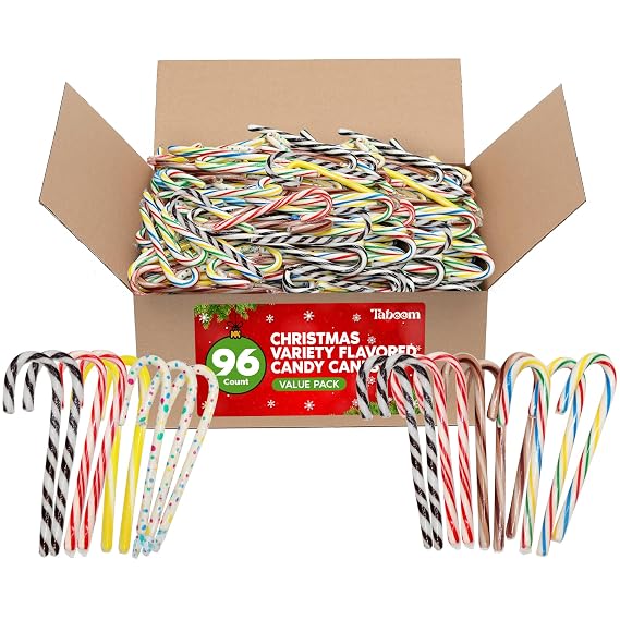 Taboom Bulk Assorted Candy Cane 96 Count - Christmas Candy Canes Variety Fruity Flavors Cherry, Lemon, Hot Cocoa Holiday Colorful Candy Bulk