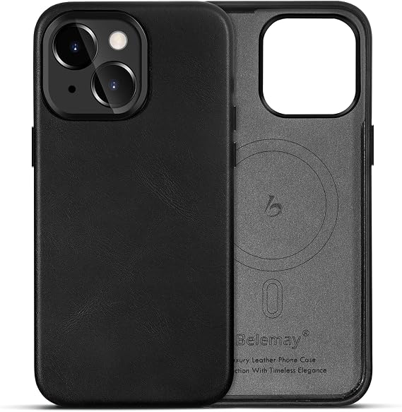Belemay Compatible with iPhone 15 Leather Case, Compatible with MagSafe, Premium Full-Grain Vegetable-Tanned Leather [Luxury & Classy] Rich Patina, Secure Grip, Metal Buttons Cover (6.1") Black
