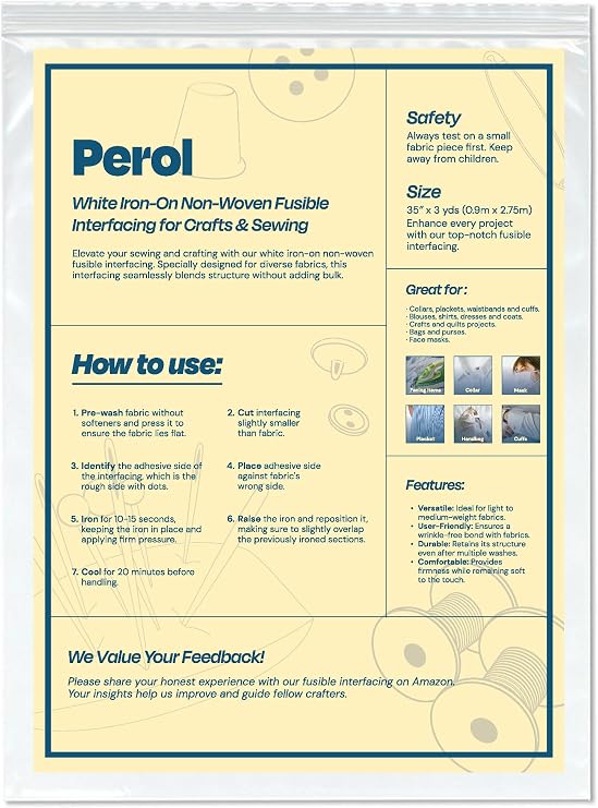 Fusible Interfacing 35 x 3 Yards White Light Weight Non-Woven Iron-on interfacing for Crafts and Sewing, Polyester Single-Sided Adhesive for Collars, Quilting Projects, Dress, Shirts, Bags