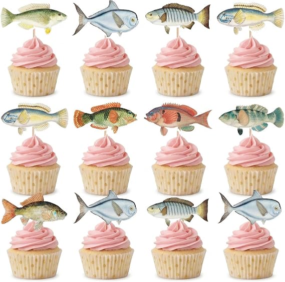 Birthday Decorations, 20Pcs 2 Side Fish Cupcake Toppers Fishing for Fish Theme Party Baby Shower Tropical Party Cake Picks Under The Sea Decoration Supplies (20 pcs)