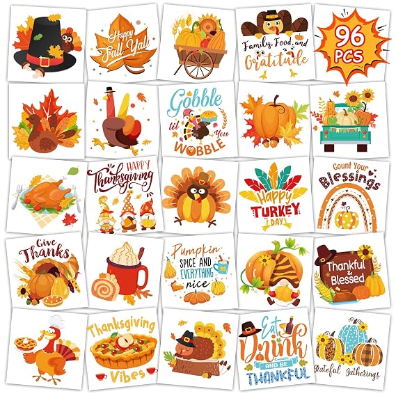 Konsait Thanksgiving Temporary Tattoos, 96Pcs Perforated Give Thanks Pumpkin Turkey Tattoos, Thanksgiving Goodie Bag Stuffers & Accessories, 24 Design