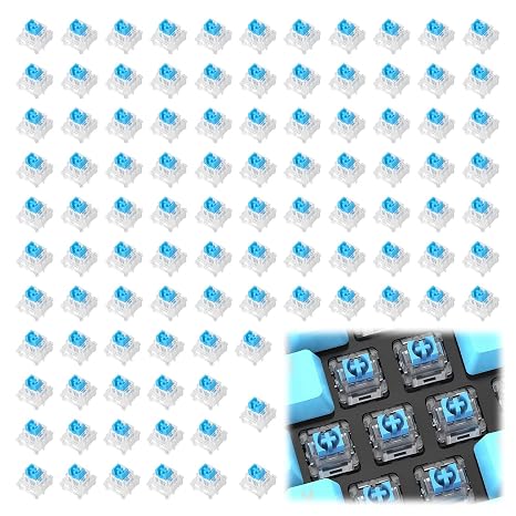 100 Mechanical Keyboard Switches,Blue Switches with 3-Pin Transparent Caps,Dustproof and Waterproof,Kkeyboard Keys Suitable for DIY Kits,LED Keyboards,Gaming Keyboards,Etc