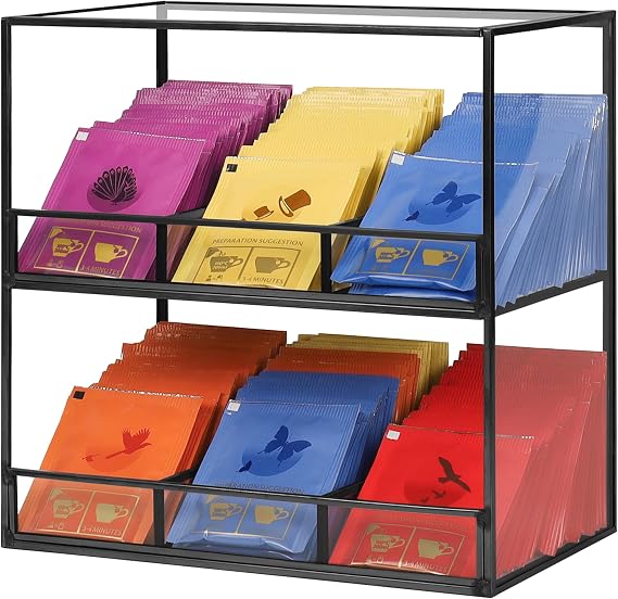 REDHUGO Glass Tea Bag Organizer, 2-Tier Tea Bag Holder for Counter, Black | Glass teabag organizer with 2-tier design and black frame, keeps tea bags tidy for counters, cabinets and tea stations