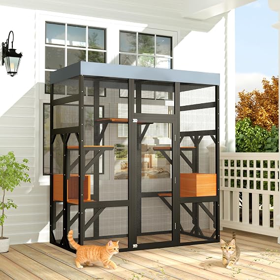 YOPTO Catio Outdoor Cat Enclosure,62.6" Outdoor Cat House W/ 3 Platforms & 2 Napping House,Walk-in Cat Cage W/Lockable Door & Window Access,All Weather Kitty Cage W/Removable Cover,Black+Orange