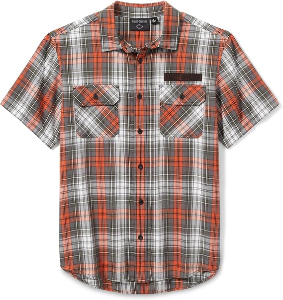 Harley-Davidson Men's Plaid Button Shirt, Block Font, Orange - 96738-25VM