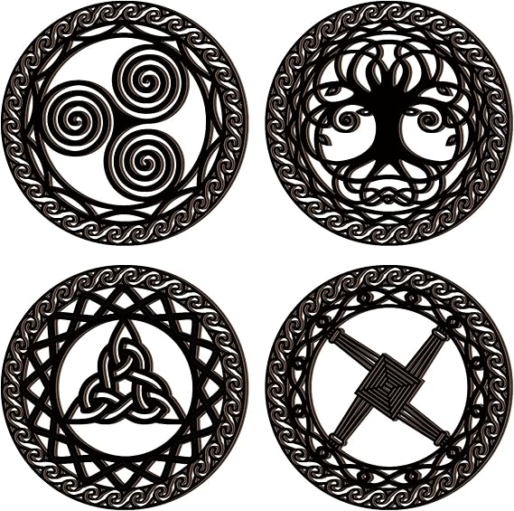 Peryiter Celtic Symbol Wall Decor 4 Pcs Celtic Cross Knot Triple Spiral Symbol Wood Sign Wood Sacred Wall Art Wooden Wall Art Decor Irish Blessing Wall Decor Nordic Wall Hanging (Black)