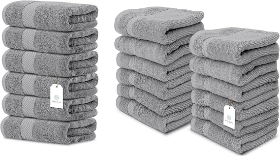 White Classic 6 Luxury Light Gray Hand Towels 16 x 30 and 12 Luxury Light Gray Washcloths 13 x 13 | Cotton, Highly Absorbent and Quick Dry for Hotels, Spa and Bathroom