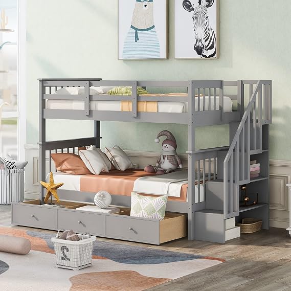 Merax Twin Over Twin Stairway Bunk Bed with 3 Storage Drawers and Staircase, Solid Wood Storage Bunk Bed Frame with Guardrail, Can be Separated into 2 Beds, Grey