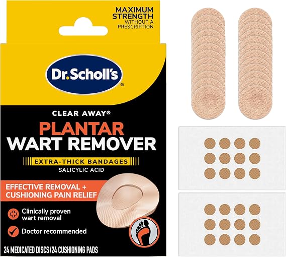 Dr. Scholl's Clear Away Plantar Wart Remover Extra-Thick Bandages for Feet, 24 Treatments - Clinically Proven Effective Wart Removal and Cushioning Pain Relief, Comfortable Multi-Day Coverage Patches
