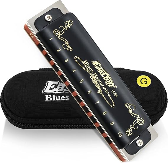 East top Harmonica Key of G 10 Holes 20 Tones 008K Mouth Organ with Black Cover, Top Grade Harmonica for Adults, Professionals and Students