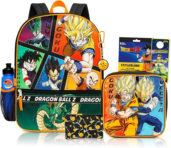 Dragon Ball Z Backpack with Lunch Box for Boys + Accessories Bundle | 16" Large Dragon Ball Bookbag, Insulated Lunch Bag, Plus Water Bottle, Keychain, More - Dragon Ball Z School Supplies
