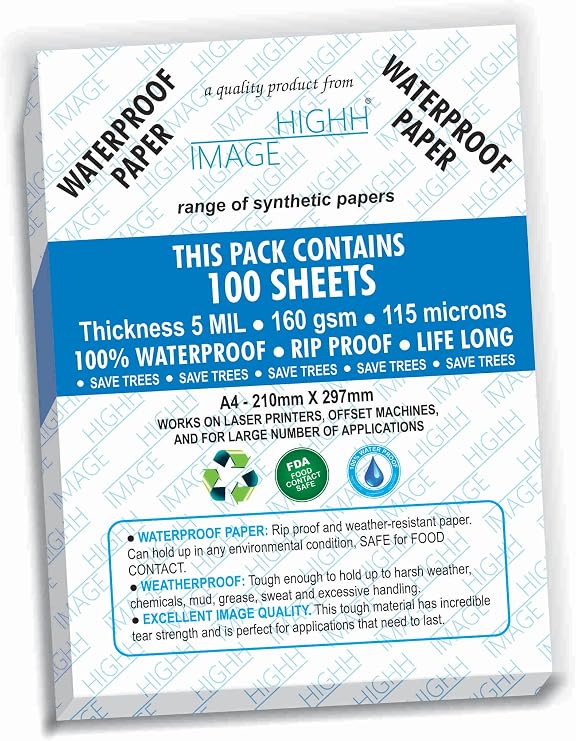 Waterproof Paper | 100 Sheets, A4, 160 GSM Thickness 5 MIL, Non Tear Paper, from HIGHH Image for Laser Printers.