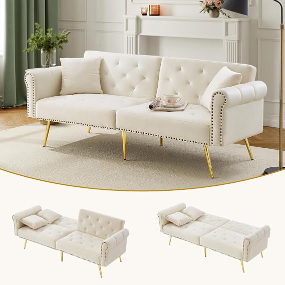 Couch Bed Double, Velvet U Shaped Sofa with 3 Stage Adjustable Backrest and Gold Metal Feet, Space Saving Double Sofas Couches with Sleeping Function, White